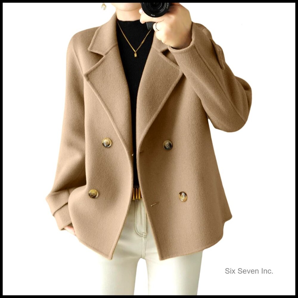 Wool Blend Pea Coat Loose Fit Double Breasted Blazer